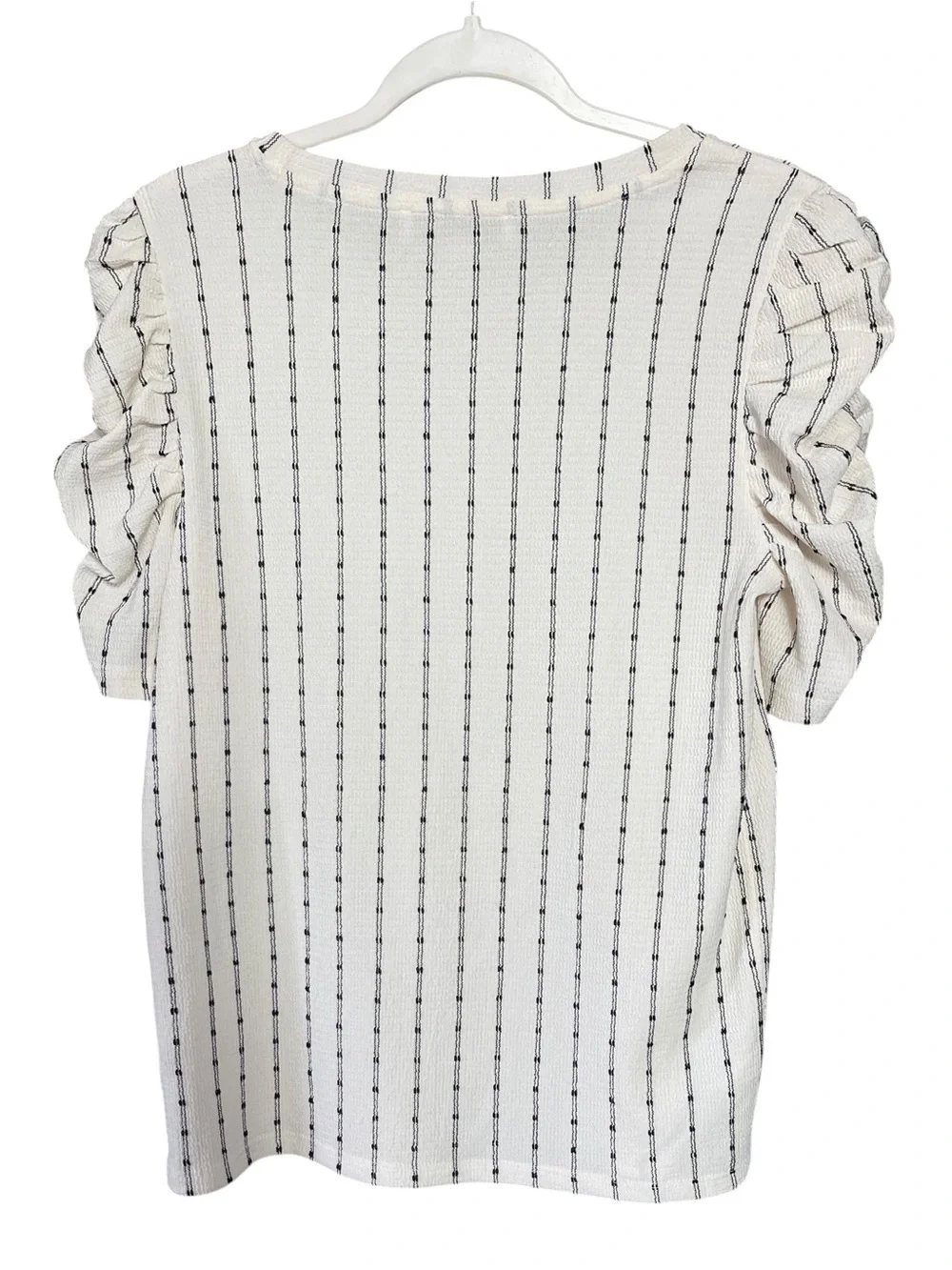 LOFT Ivory Knit Top with Black Pinstripes and Ruffled Sleeves